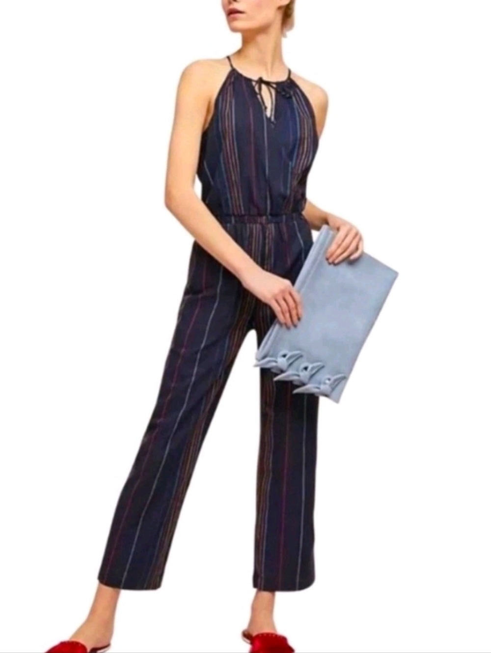 Anthropologie DOLAN Left Coast Navy Rainbow Striped Cotton Halter Jumpsuit Small
